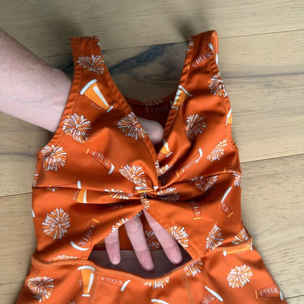 SweetHoney Kids Orange Cheer Print Active Dress with Built-in Shorts Size 8Y